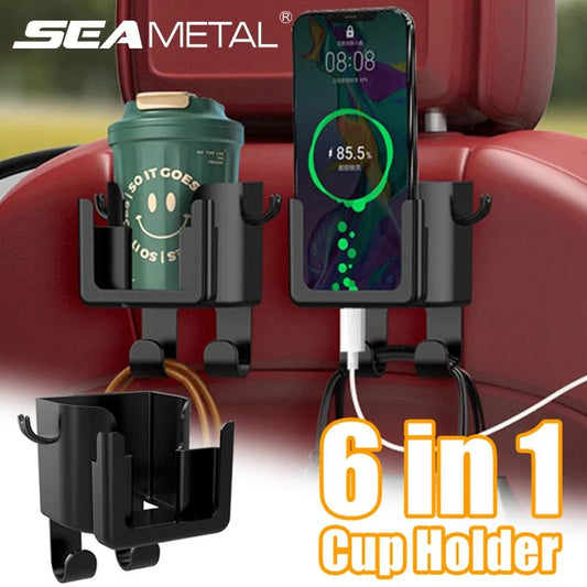 6-in-1 Car Drink Holder with Phone Mount & 4 Hooks